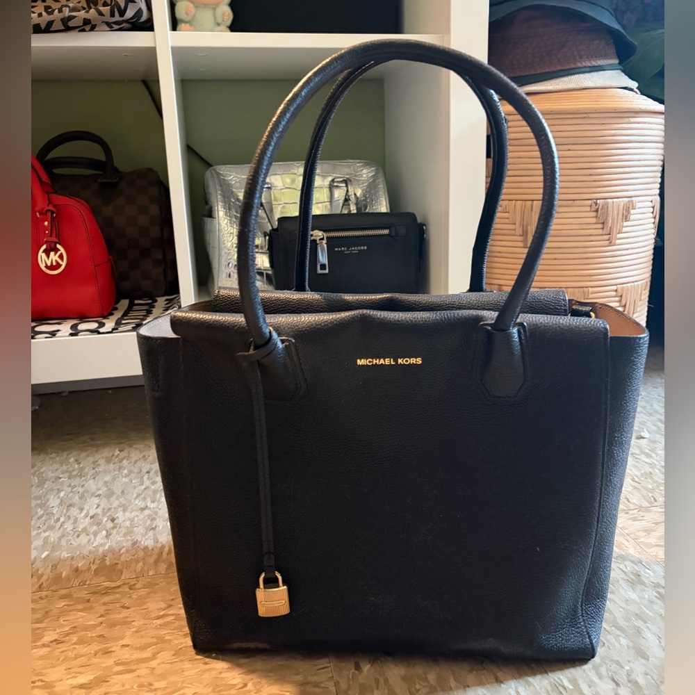 Michael Kors Black Pebbled Leather Tote with Gold Accents